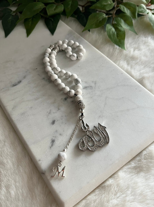 Tasbih - 33 Beads Handheld - Howlite & Silver - Allah & Letter