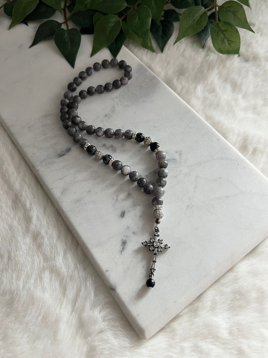 Rosary - 50 Beads - Marble Grey - Black Cross