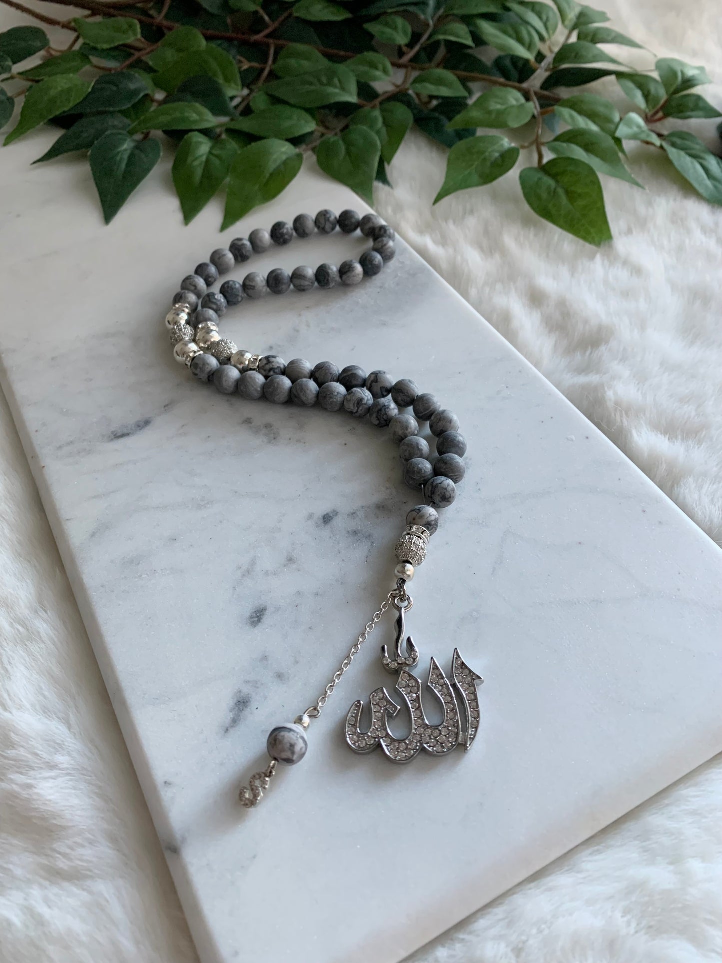 Tasbih - 50 Beads - Jasper Grey & Silver - Allah Pendant & Letter