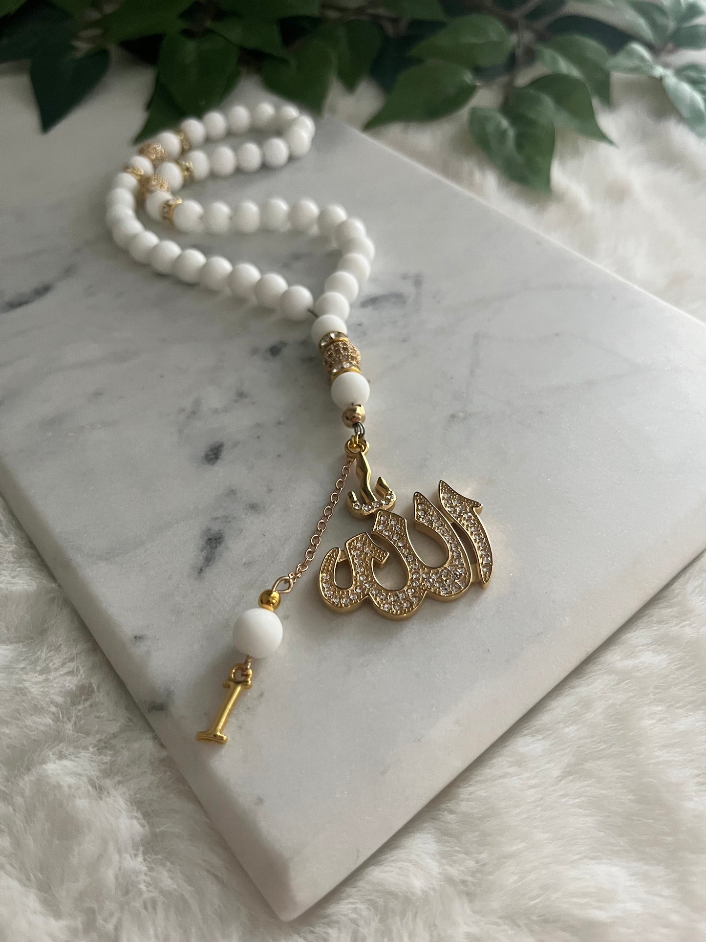 Tasbih - 33 Beads Handheld - Matte White & Gold - Allah & Letter