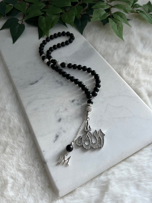 Tasbih - 50 Beads - Matte black & Silver - Allah Pendant & Letter