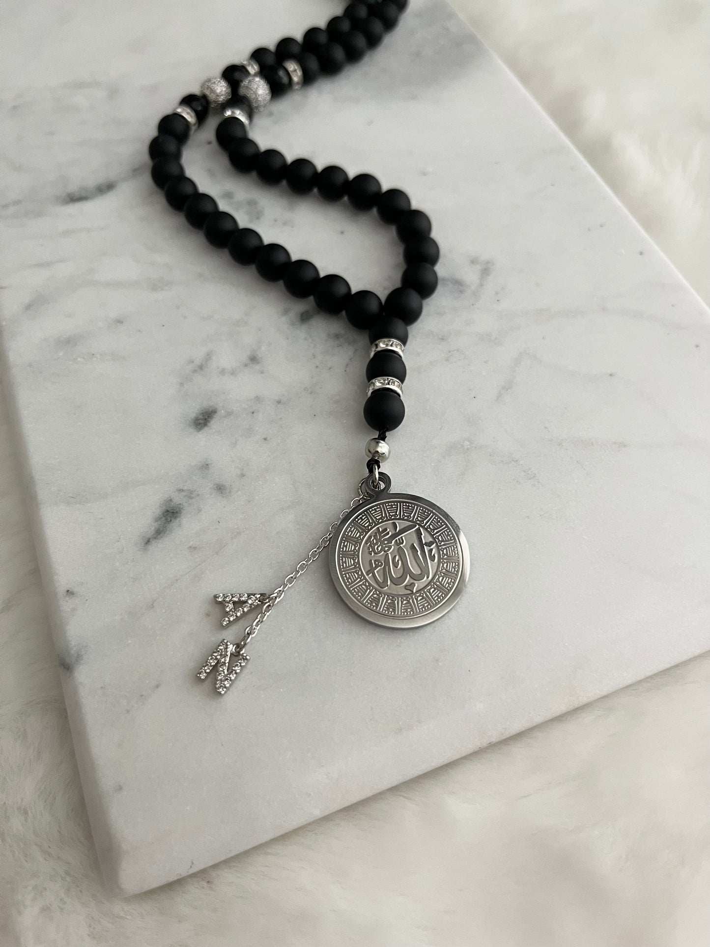 Tasbih - 50 Beads - Matte Black & Silver - Allah Medallion