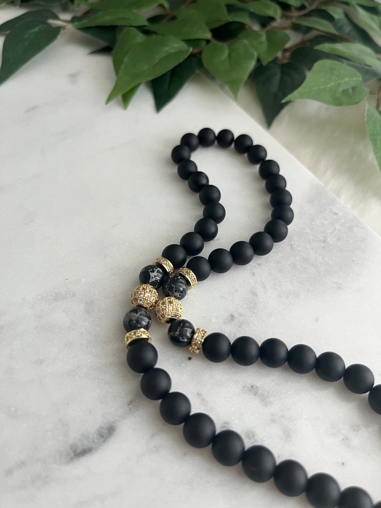 Tasbih - 50 Beads - Matte Black & Black Jasper - Allah Pendant & Hamsa Hand