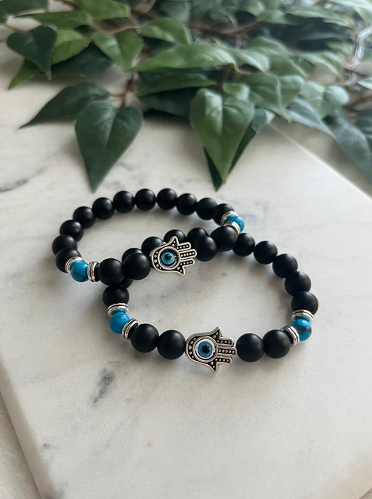 Matte Black & Blue Hamsa Hand & Evil Eye Friendship Bracelets