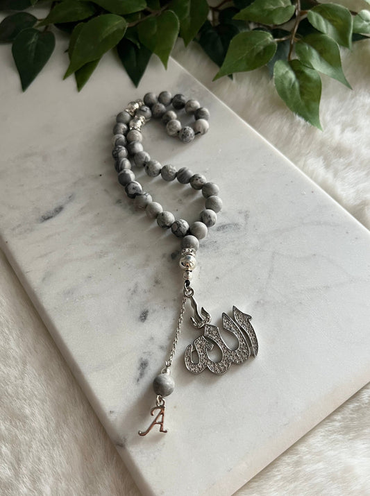 Tasbih - 33 Beads Handheld - Jasper & Silver - Allah & Letter