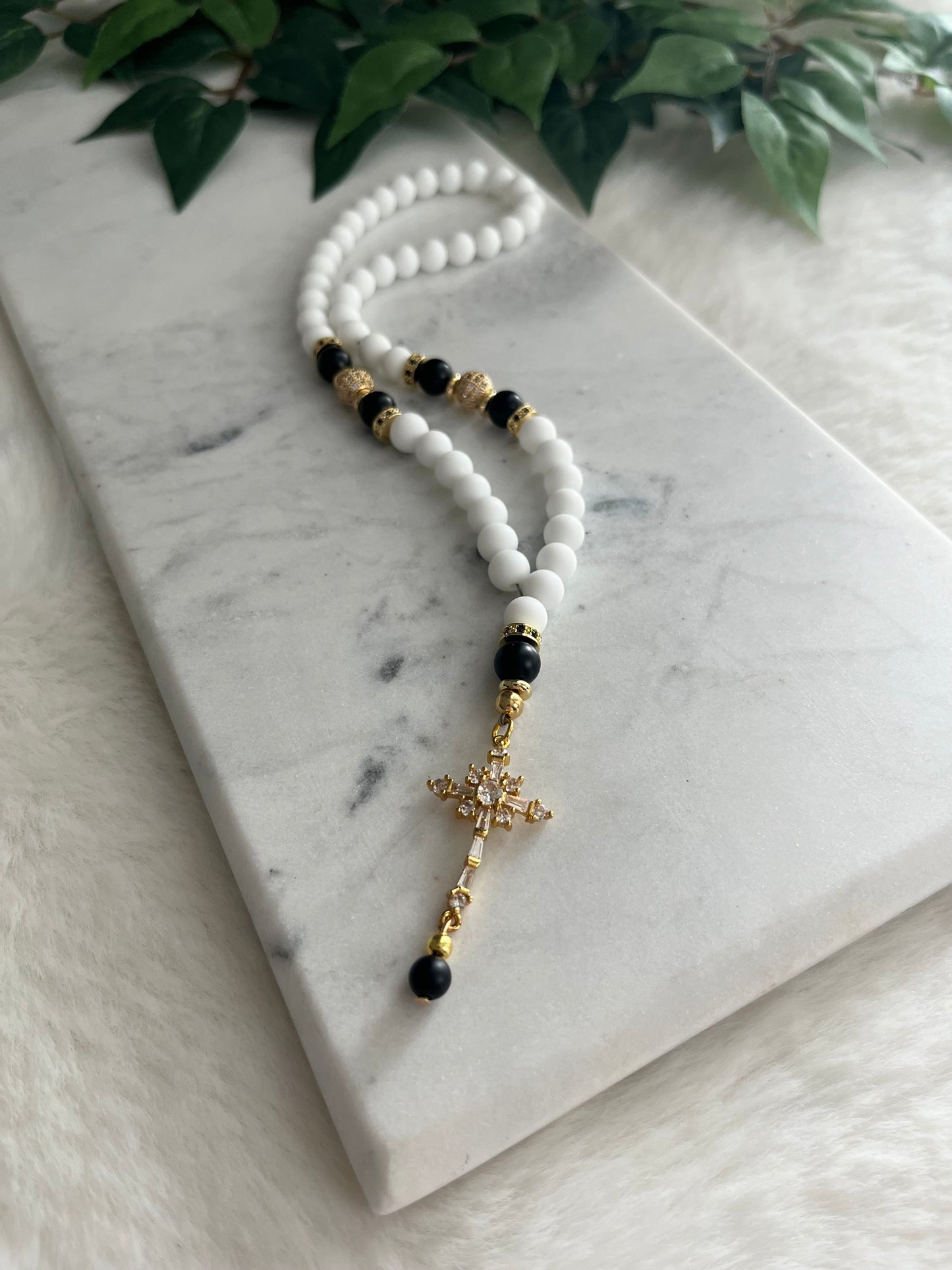 Rosary - 50 Beads - Matte White & Black - Golden Cross