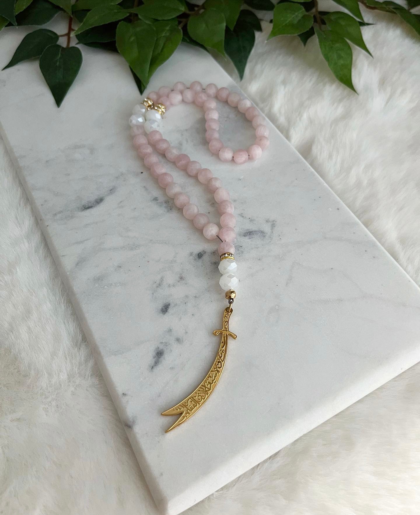 Tasbih - 50 Beads - Matte Rose Quartz - Gold Zulfiqar Sword