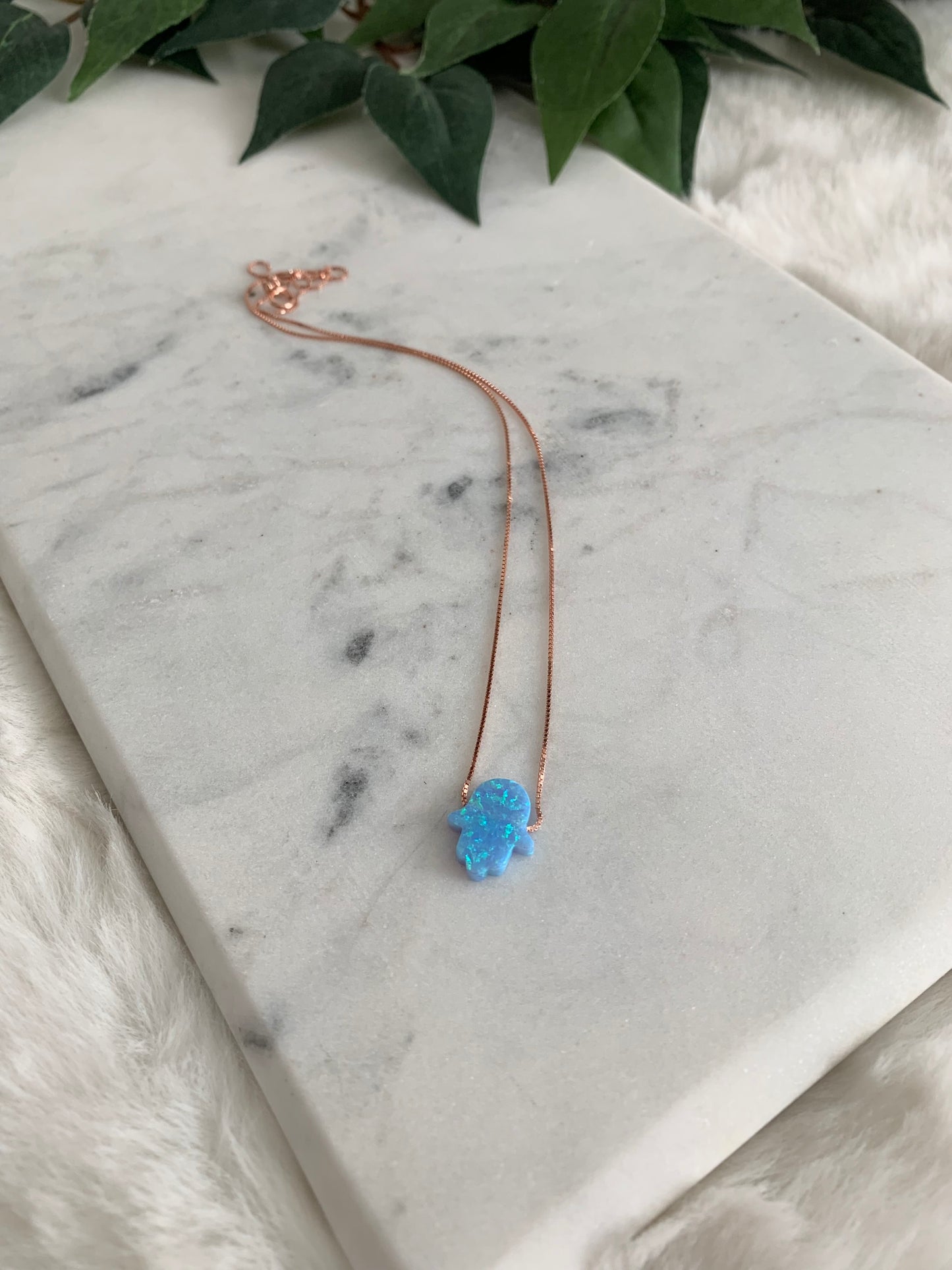 Opal Hamsa Necklace -  Box Chain