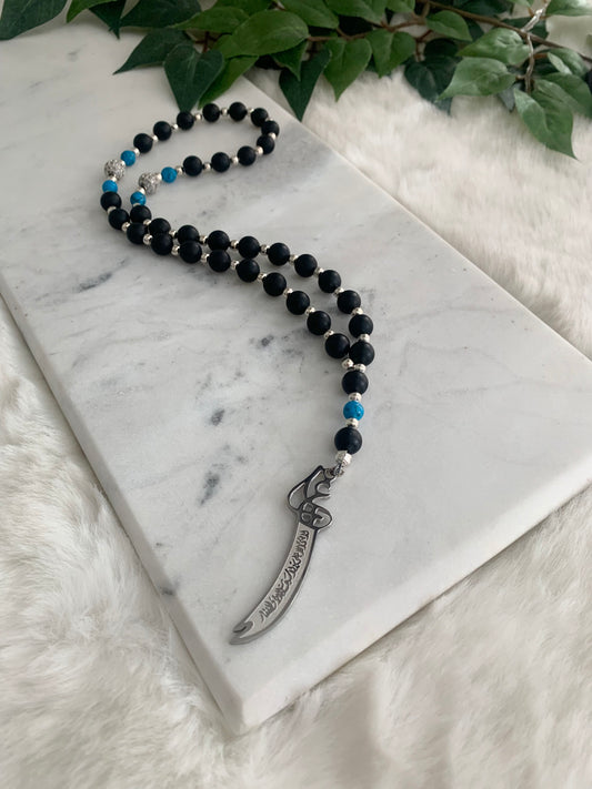 Tasbih - 33 Beads Hanging - Matte Black & Blue Zulfiqar Sword