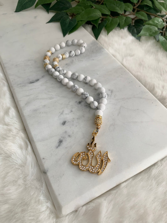 Tasbih - 33 Beads Handheld - Howlite & Gold - Allah