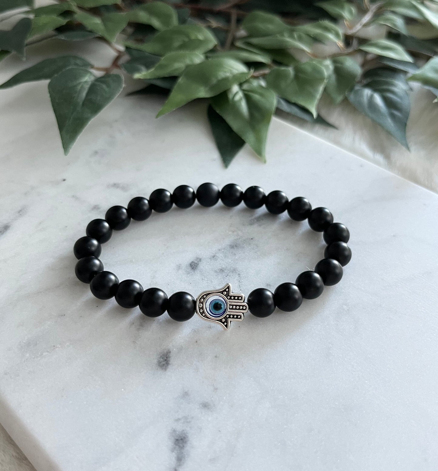 Matte Black Hamsa Hand & Evil Eye Bracelet