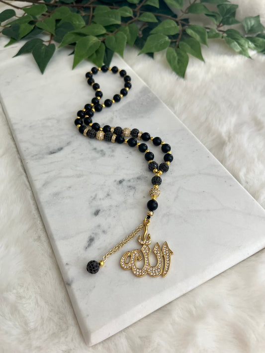 Tasbih - 33 Beads Hanging - Matte Black + Gold - Allah Pendant