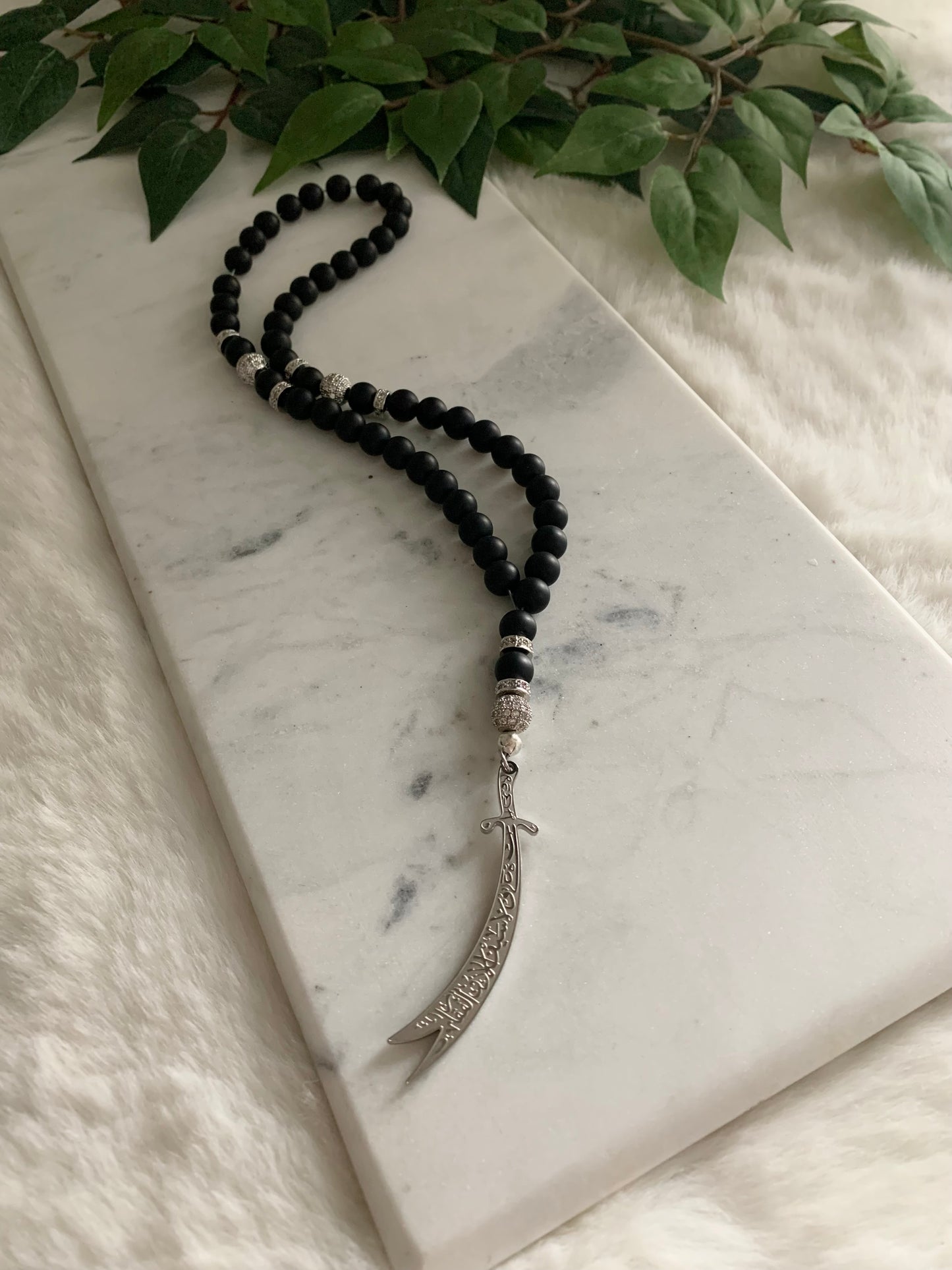 Tasbih - 50 Beads - Matte Black - Silver Zulfiqar Sword