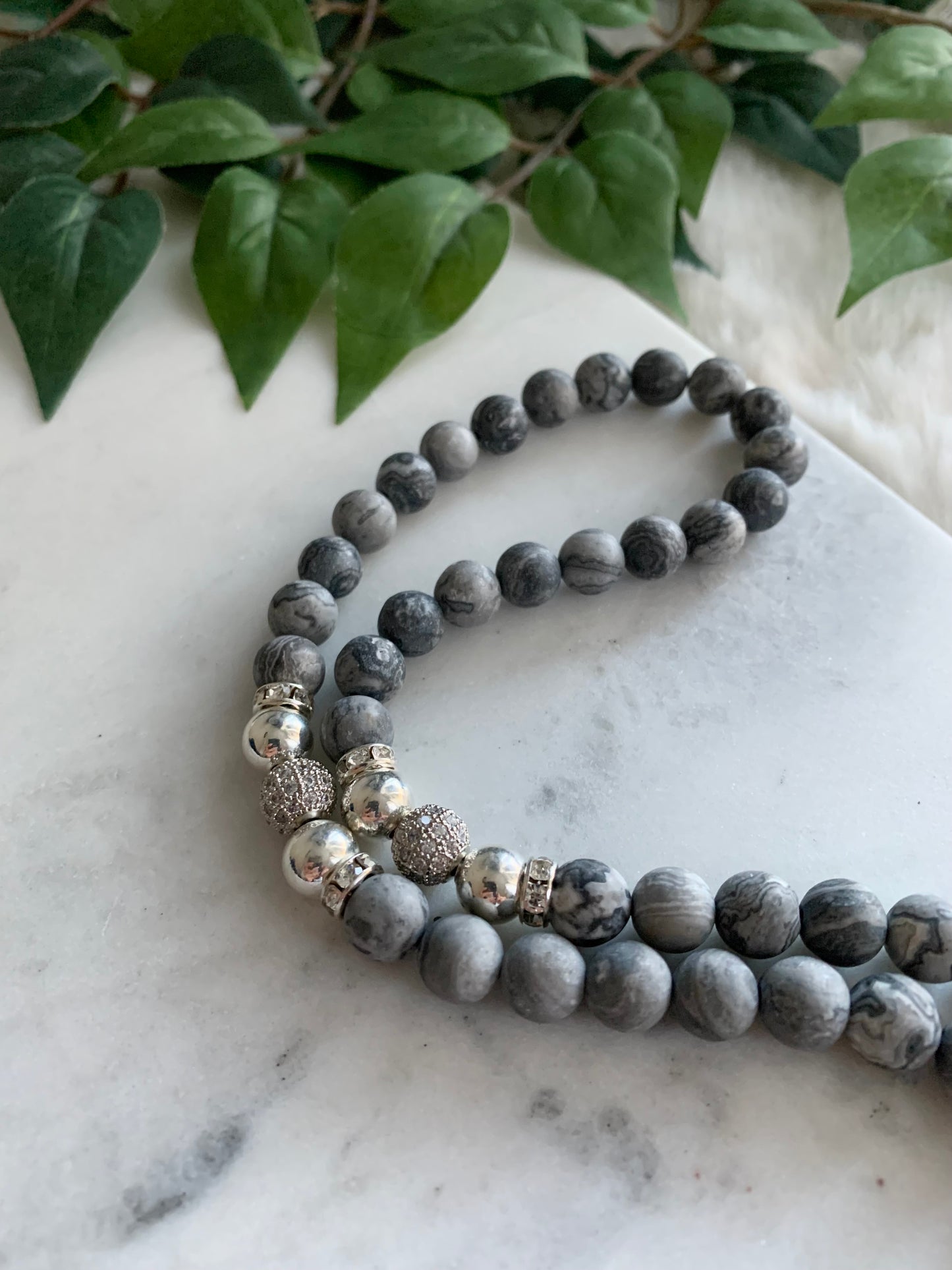 Tasbih - 50 Beads - Jasper Grey & Silver - Allah Pendant & Letter