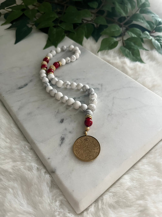 Tasbih - 33 Beads Handheld - Howlite & Red Jade - Ayatul Kursi