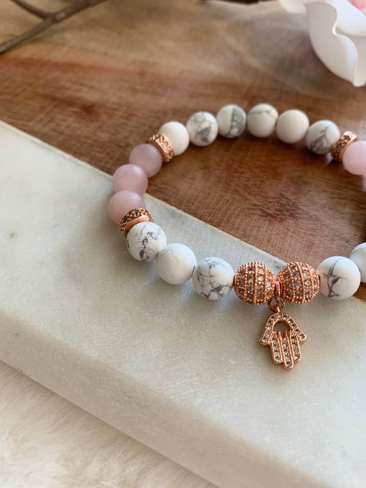 Howlite & Rose Quartz Hamsa Hand Bracelet