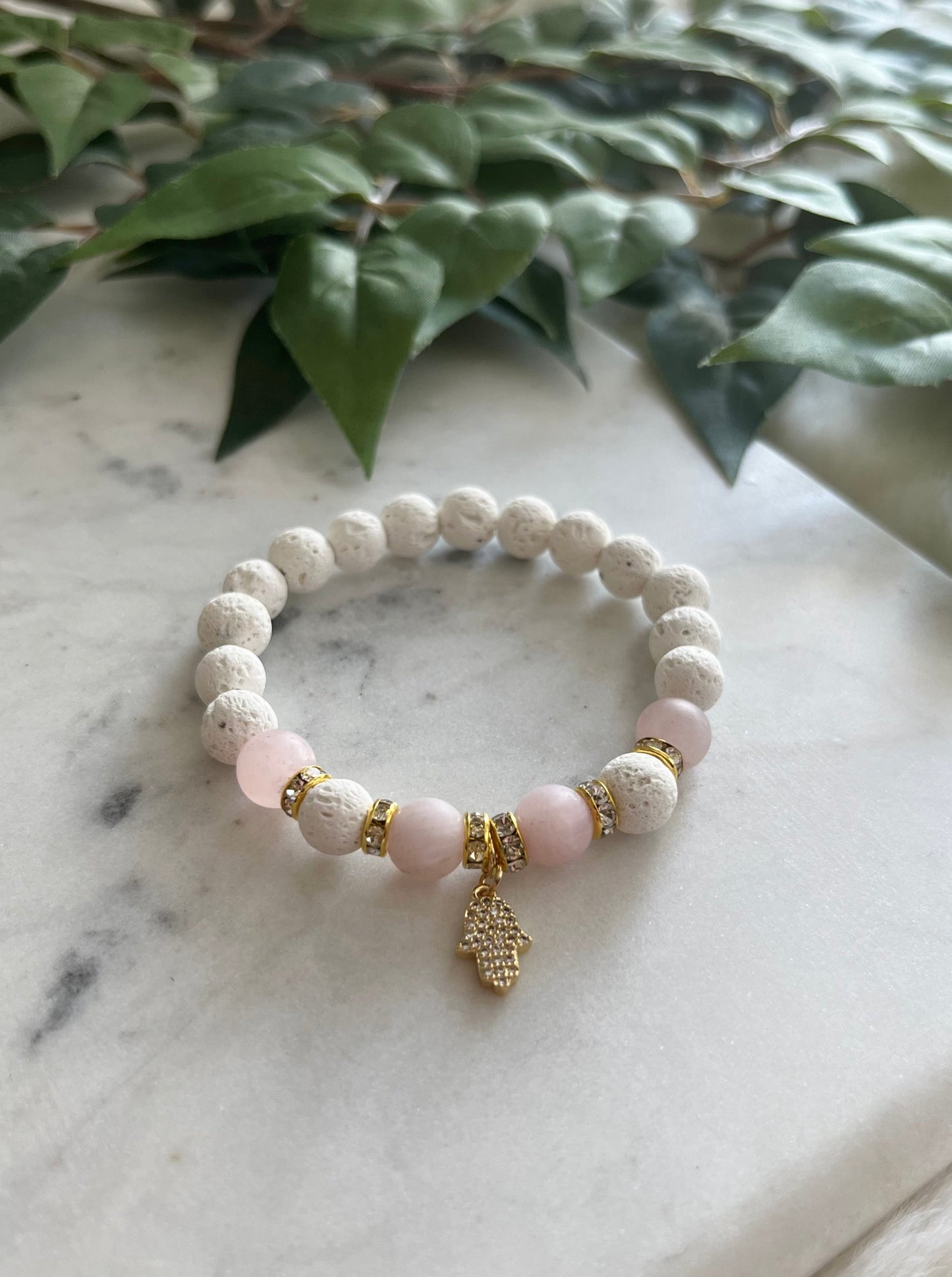 Lava stone & Rose Quartz Hamsa Hand Bracelet