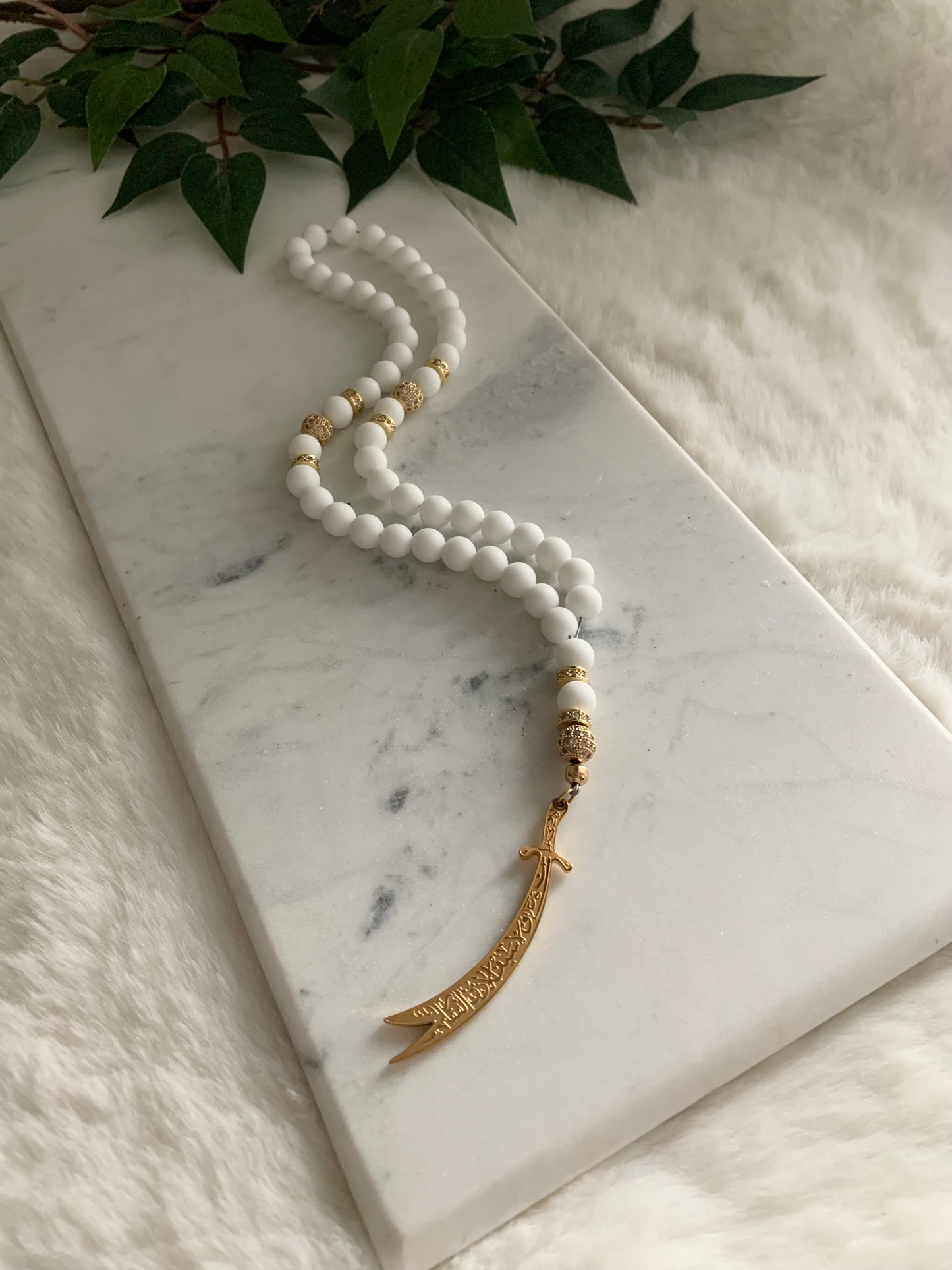 Tasbih - 50 Beads - Matte White - Gold Zulfiqar Sword