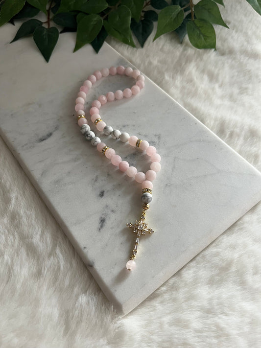 Rosary - Jeeps & Trucks - Matte Rose Quartz & Howlite - Golden Cross