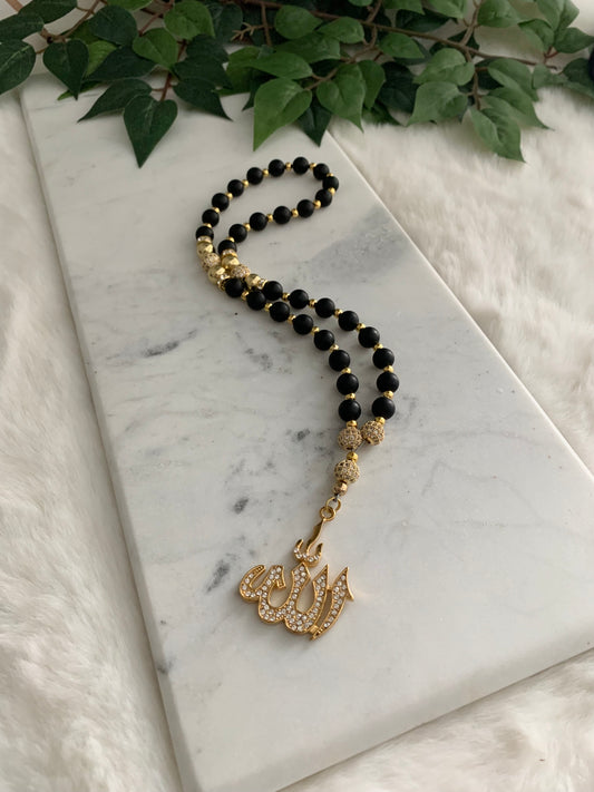 Tasbih - 33 Beads Hanging - Matte Black & Gold - Allah