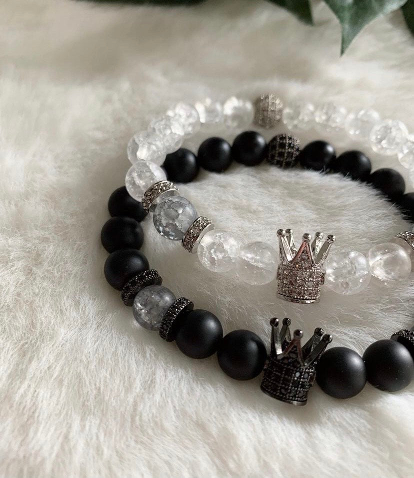 King & Queen - Tall Crown - Matte Black & White Crackle - His & Her Bracelets