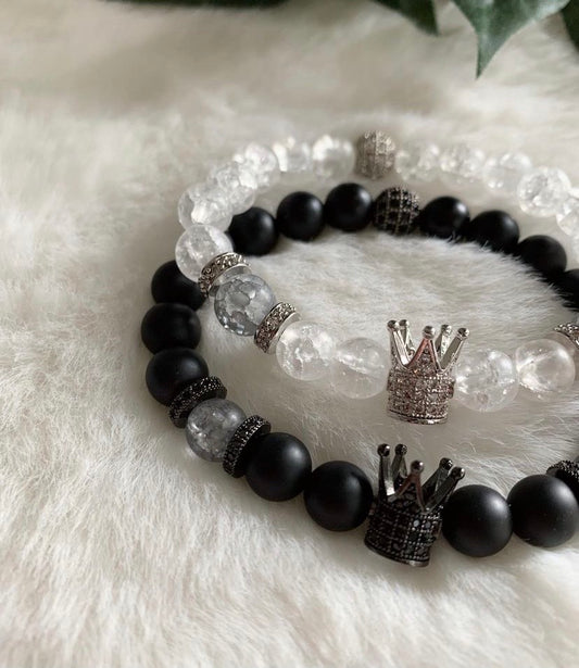 King & Queen - Tall Crown - Matte Black & White Crackle - His & Her Bracelets