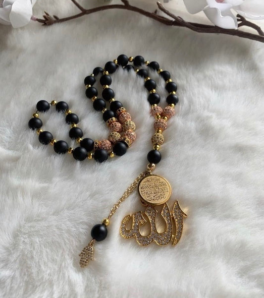 Tasbih - 33 Beads Hanging - Matte Black, Gold & Rose Gold - Allah & Ayatul Kursi