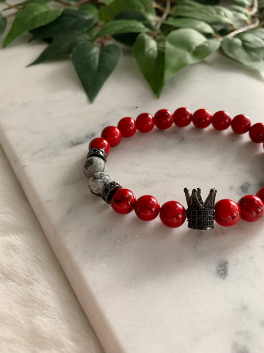 Red Marble & Jasper Tall King Crown Bracelet