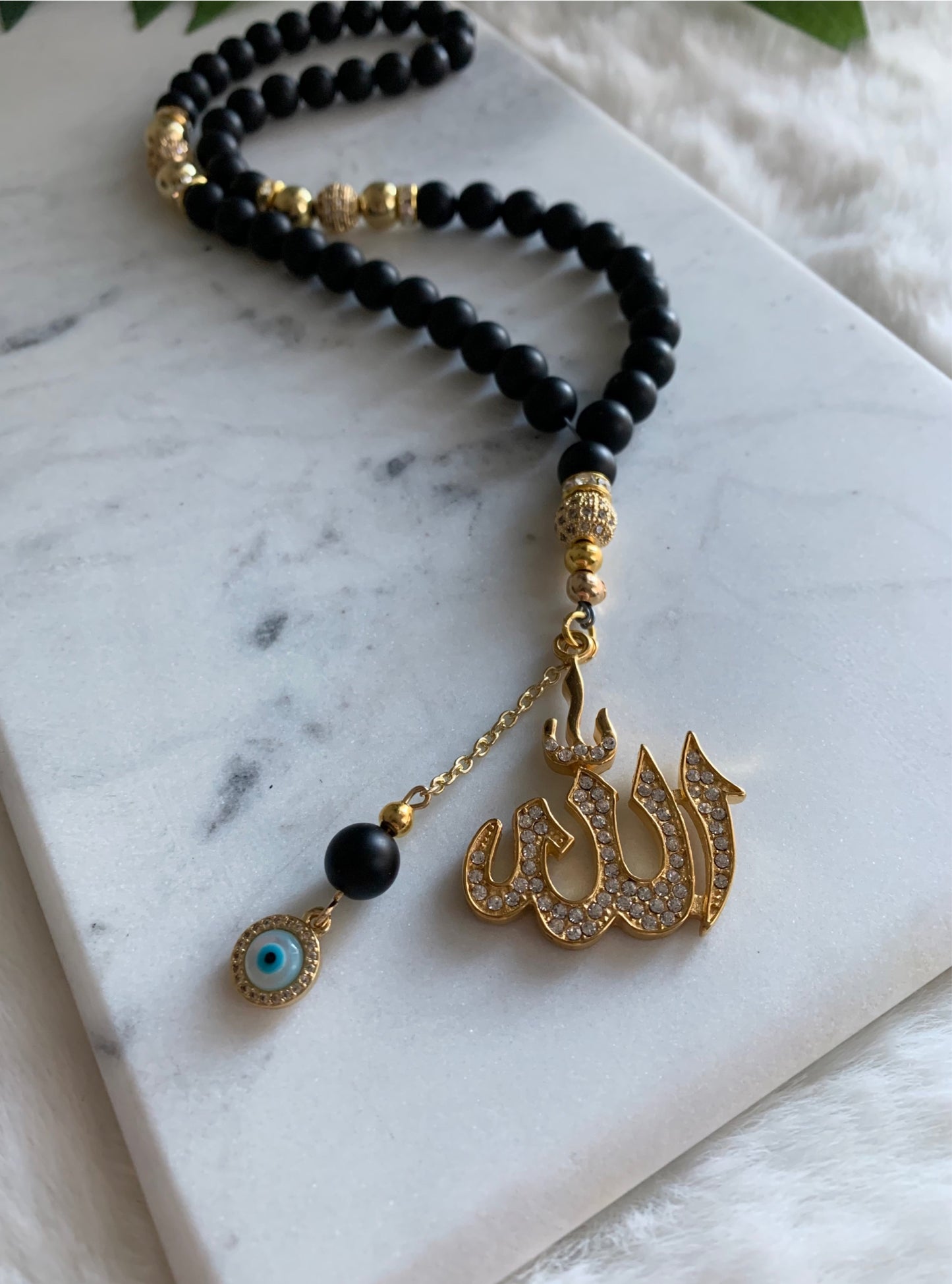 Tasbih - 50 Beads - Matte Black & Gold - Allah Pendant & Evil Eye Charm