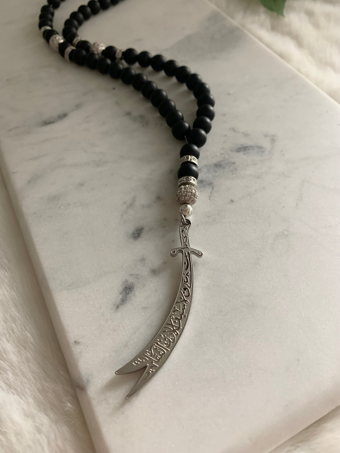 Tasbih - 50 Beads - Matte Black - Silver Zulfiqar Sword