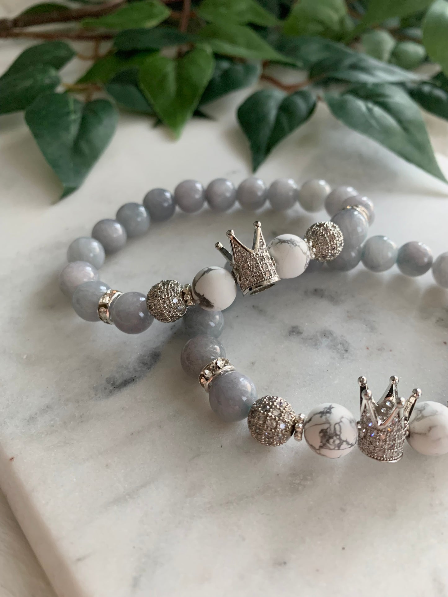 Glossy Grey Tall Silver Crown Friendship Bracelets