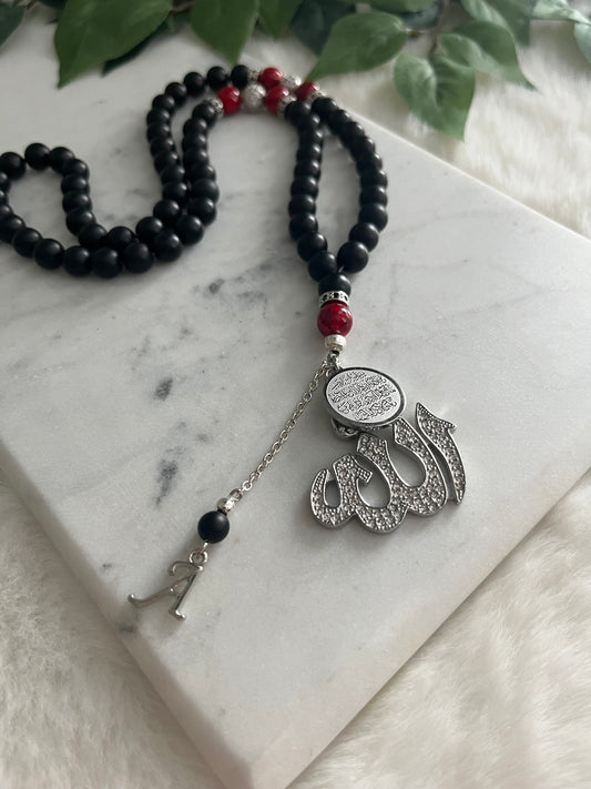 Tasbih - Mercedes - Matte Black & Red - Allah Pendant & Ayatul Kursi - Letter