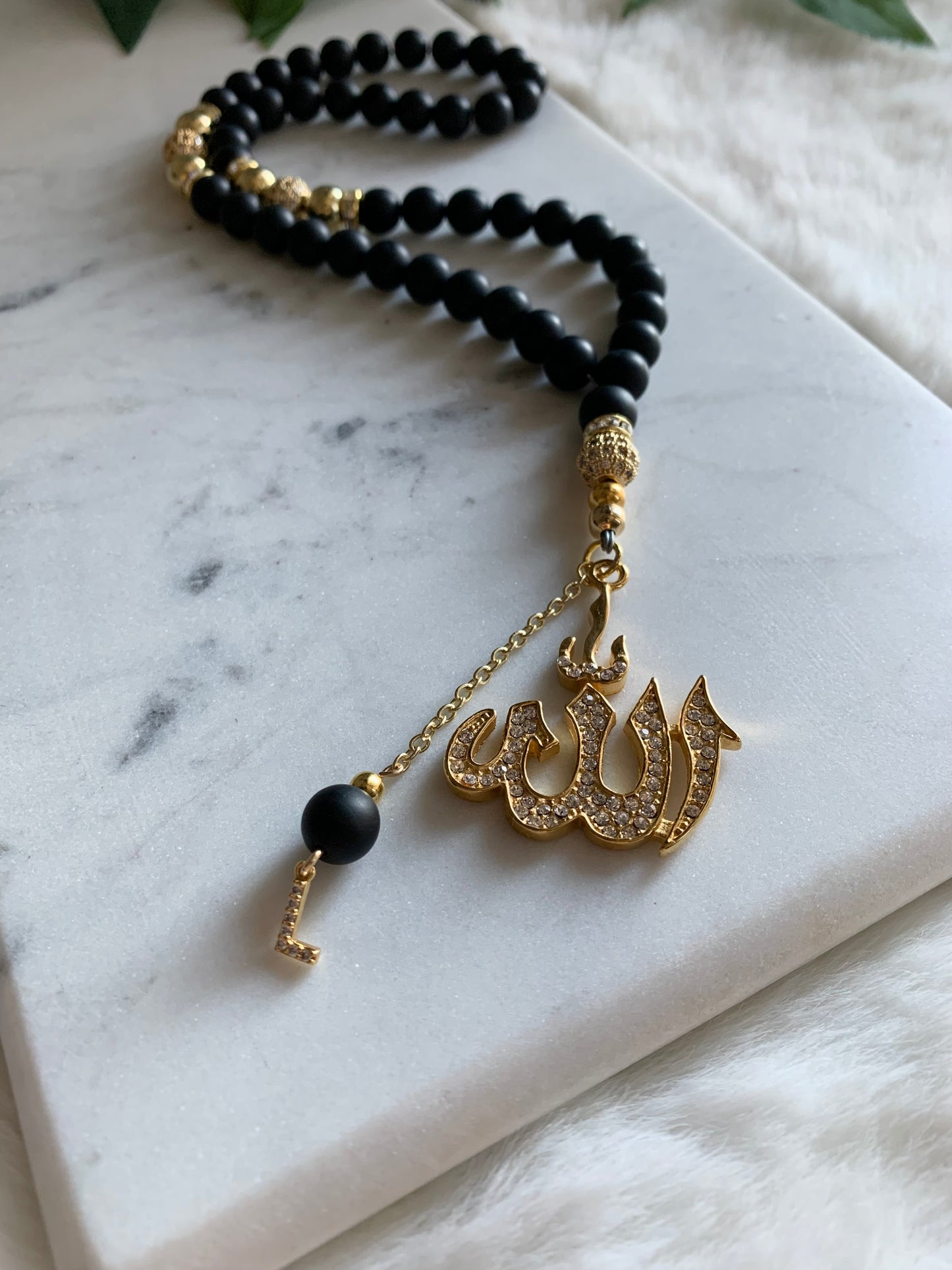 Tasbih - 50 Beads - Matte Black & Gold - Allah Pendant & Letter