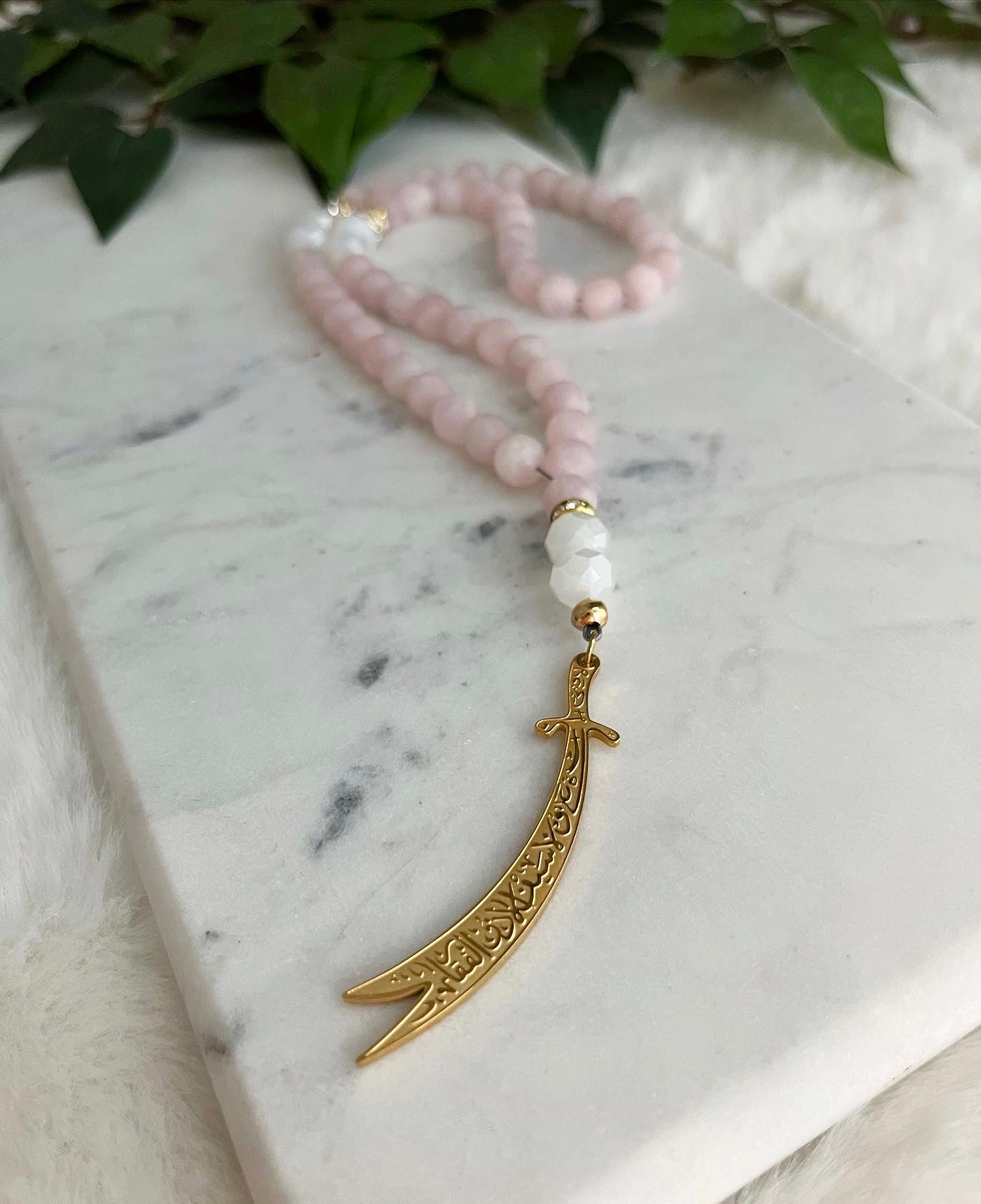 Tasbih - 50 Beads - Matte Rose Quartz - Gold Zulfiqar Sword