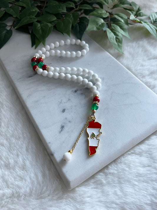 Tasbih - 50 Beads - Matte White - Lebanon Flag