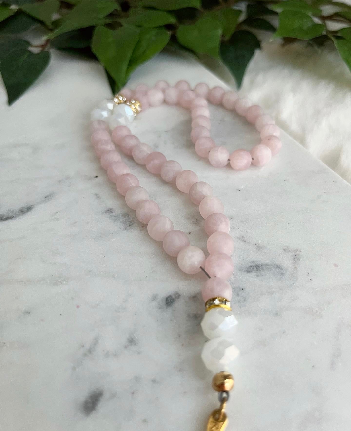 Tasbih - 50 Beads - Matte Rose Quartz - Gold Zulfiqar Sword