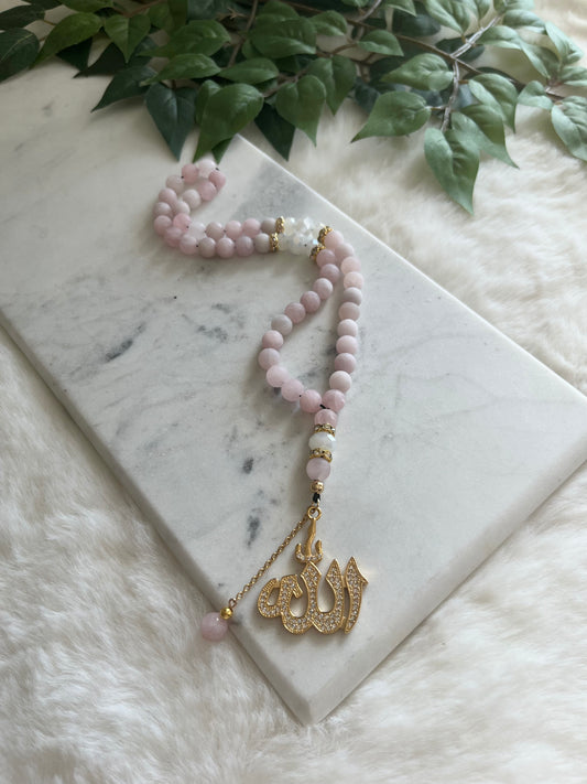 Tasbih - 50 Beads - Matte Rose Quartz & Creamy White - Allah Pendant