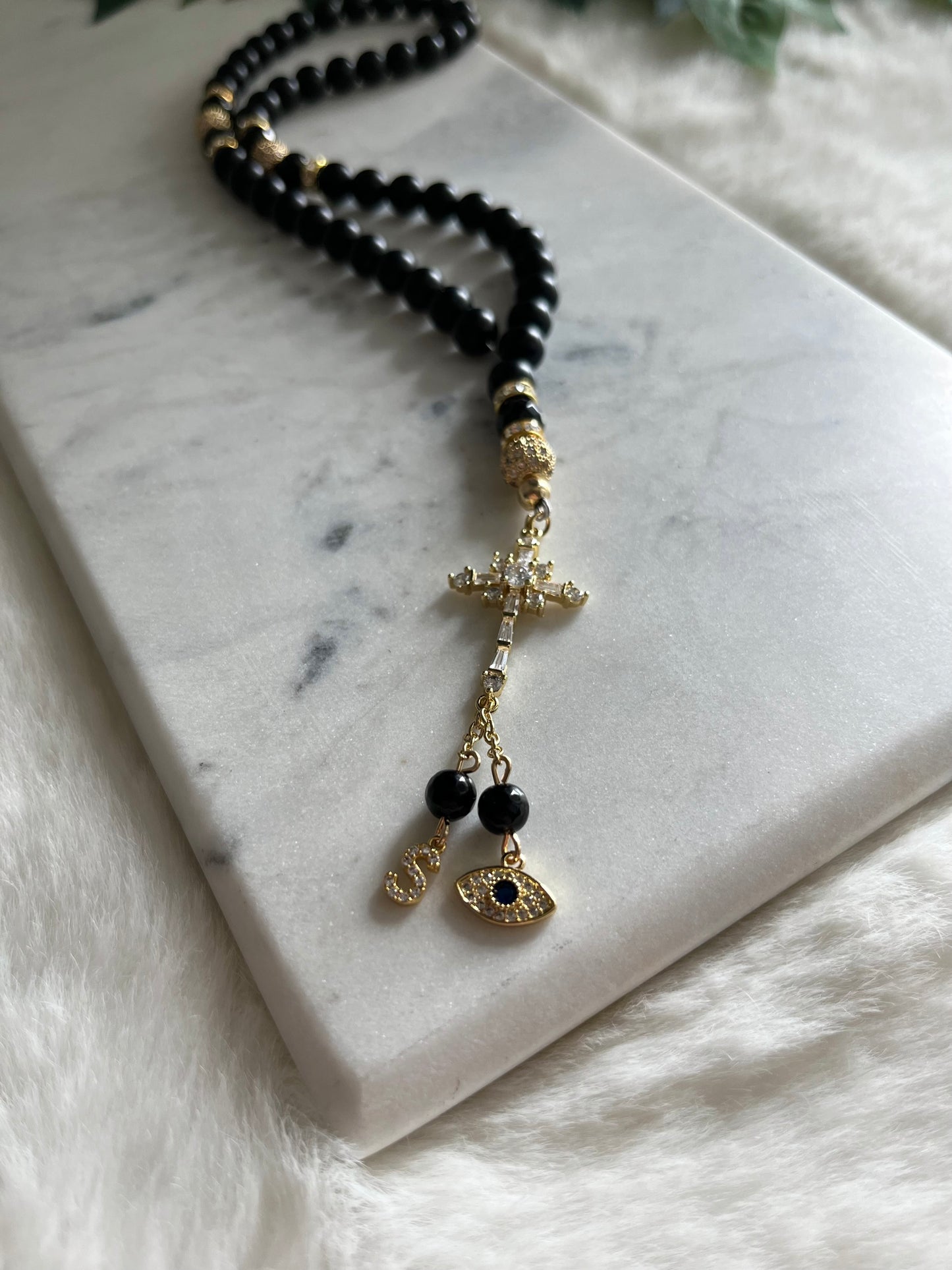 Rosary - 50 Beads - Matte Black - Golden Cross - Letter & Evil Eye