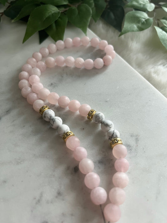 Rosary - 50 Beads - Matte Rose Quartz - Golden Cross