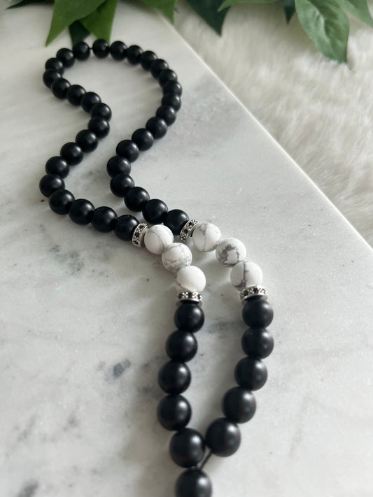 Rosary - 50 Beads - Matte Black & Howlite - Black Cross