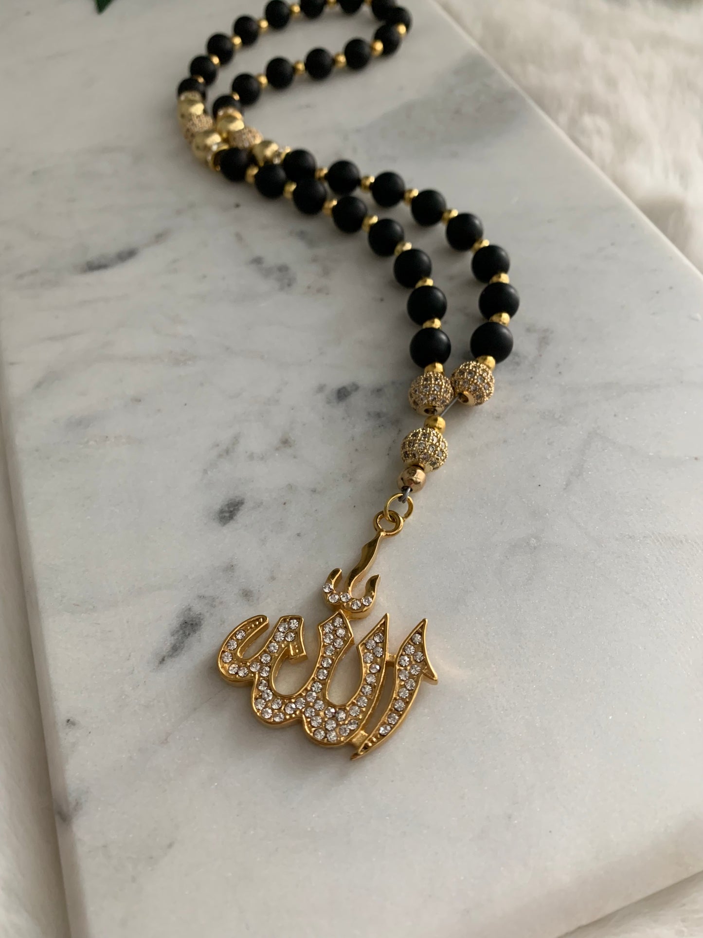 Tasbih - 33 Beads Hanging - Matte Black & Gold - Allah