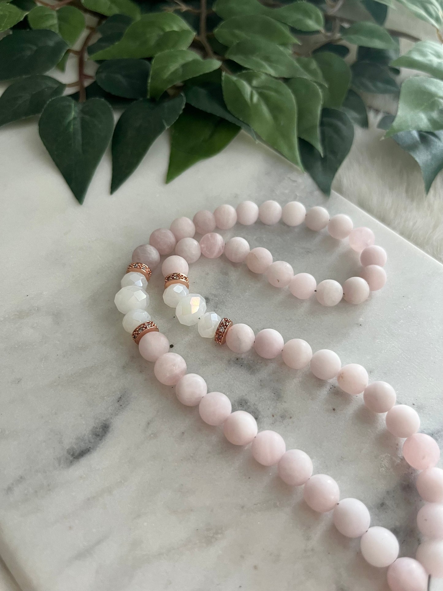 Tasbih - 50 Beads - Matte Rose Quartz - Creamy White - Rose Gold Allah