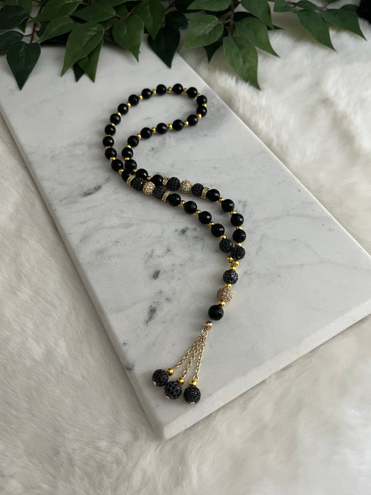 Tasbih - 33 Beads Hanging - Black Agate + Gold