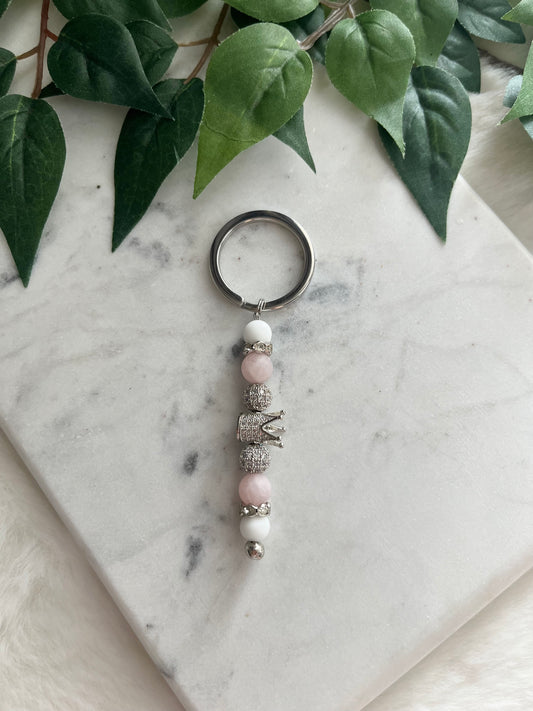 Matte White & Rose Quartz - Silver Tall Crown Keychain