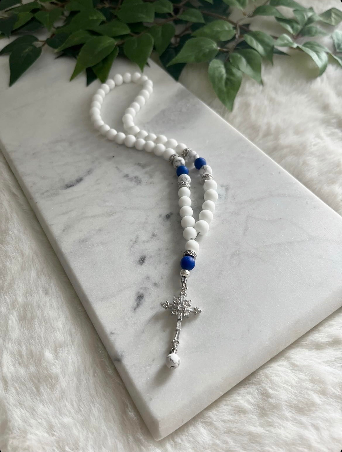 Rosary - 50 Beads - Matte White & Navy Blue - Silver Cross