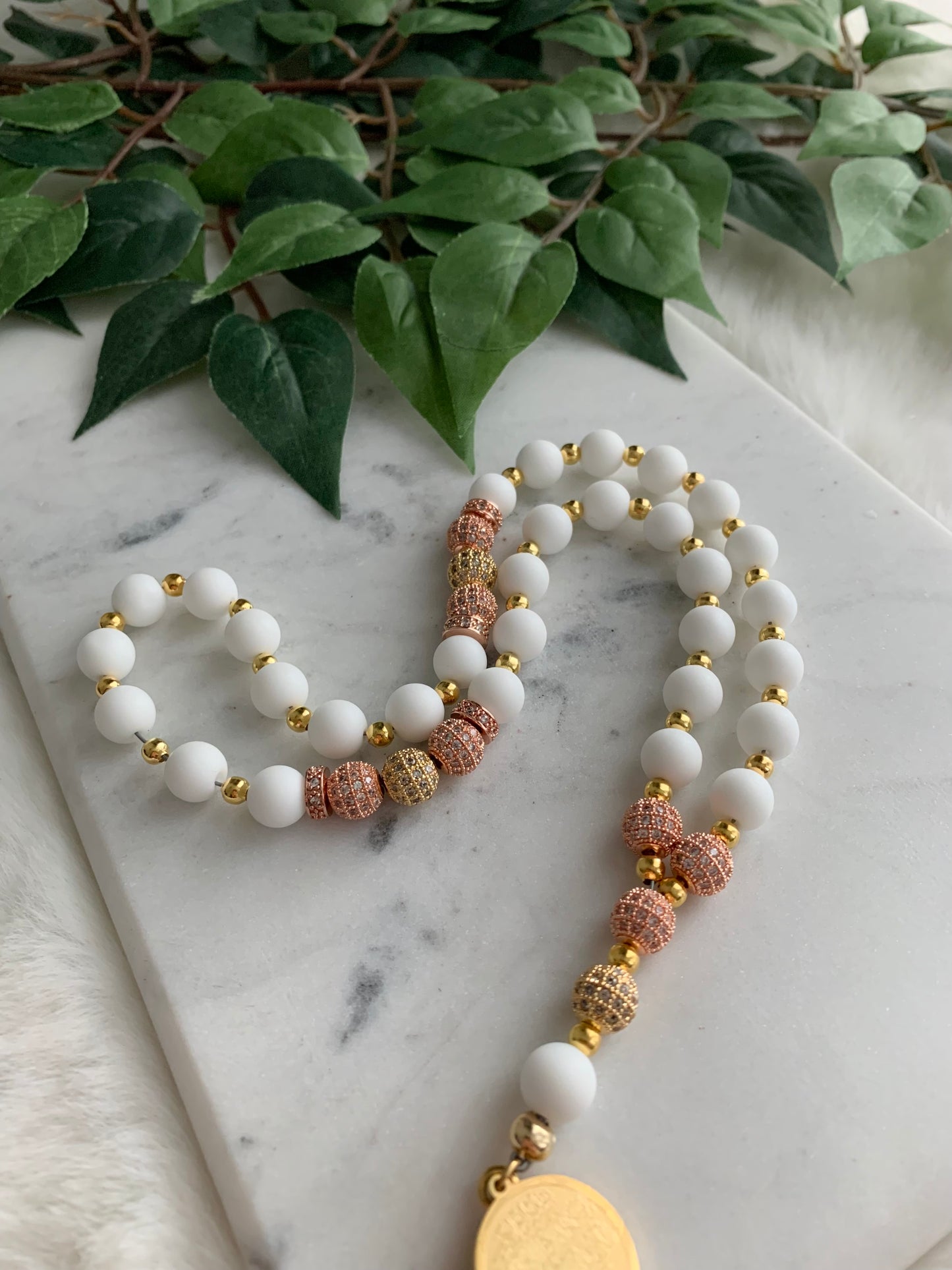 Tasbih - 33 Beads Hanging - Matte White, Gold & Rose Gold - Allah & Ayatul Kursi