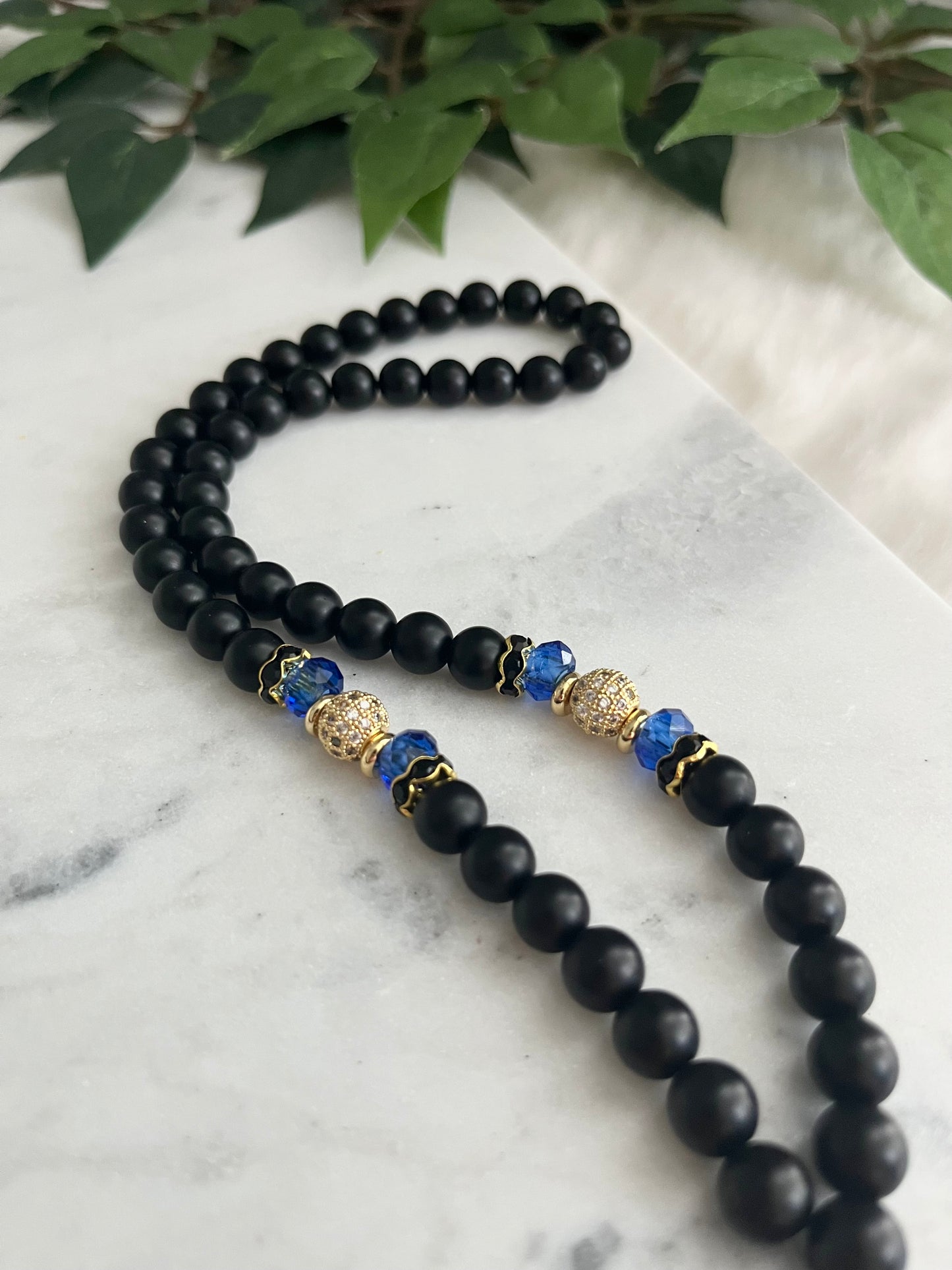 Tasbih - 50 Beads - Matte Black & Crystal Blue - Zulfiqar Sword