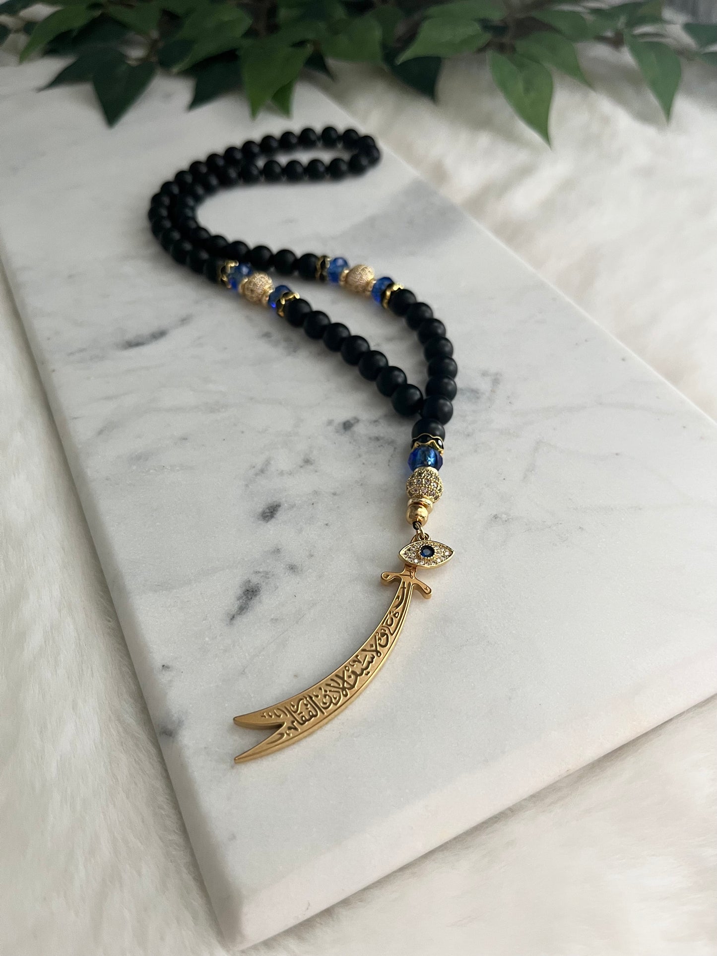 Tasbih - 50 Beads - Matte Black & Crystal Blue - Zulfiqar Sword