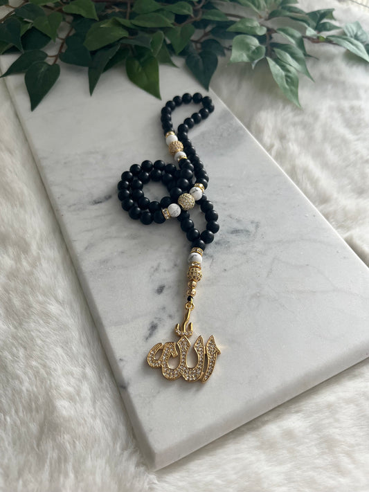 Tasbih - 66 Beads - Matte black & Howlite - Allah Pendant