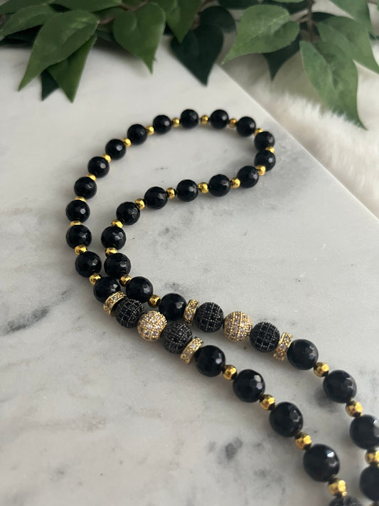 Tasbih - 33 Beads Hanging - Black Agate + Gold